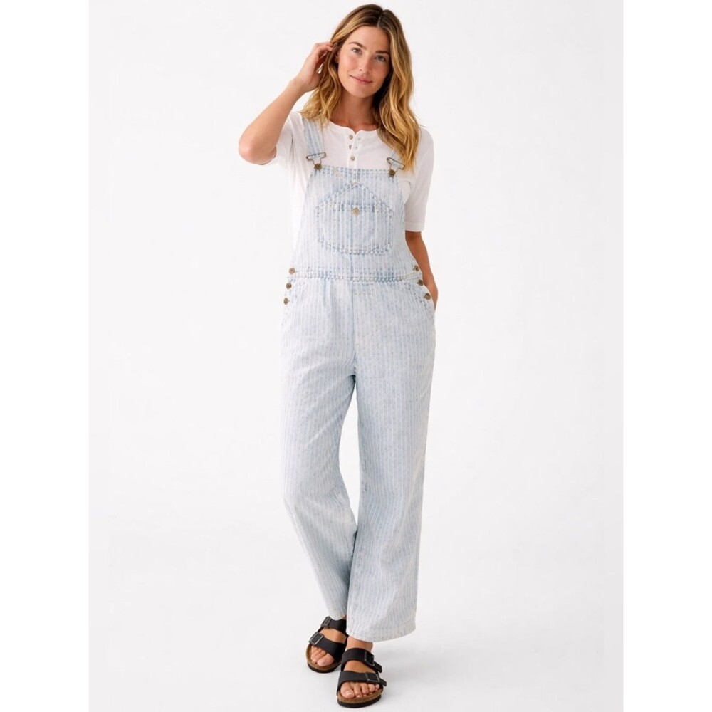 Faherty Topsail Railroad Stripe Overalls Utility Denim Blue White Herringbone S